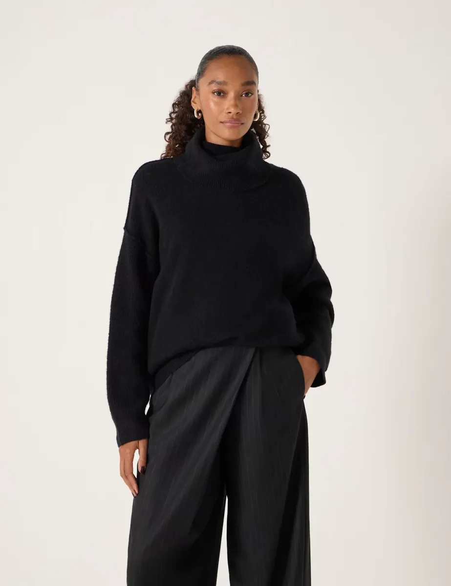 Wool Blend Textured Roll Neck Longline Jumper