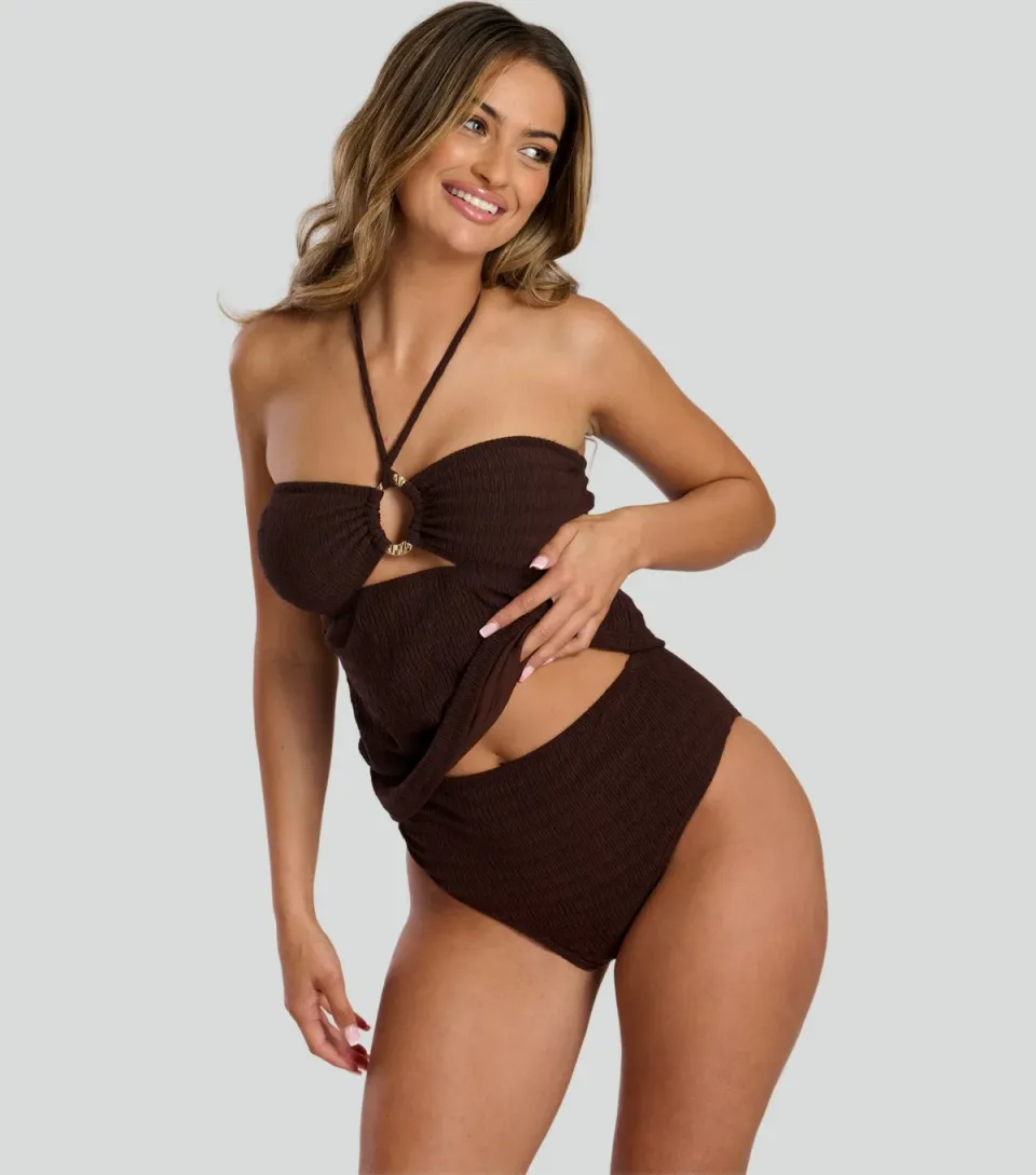 Women's Dark Brown Textured Ring Detail Tankini Top