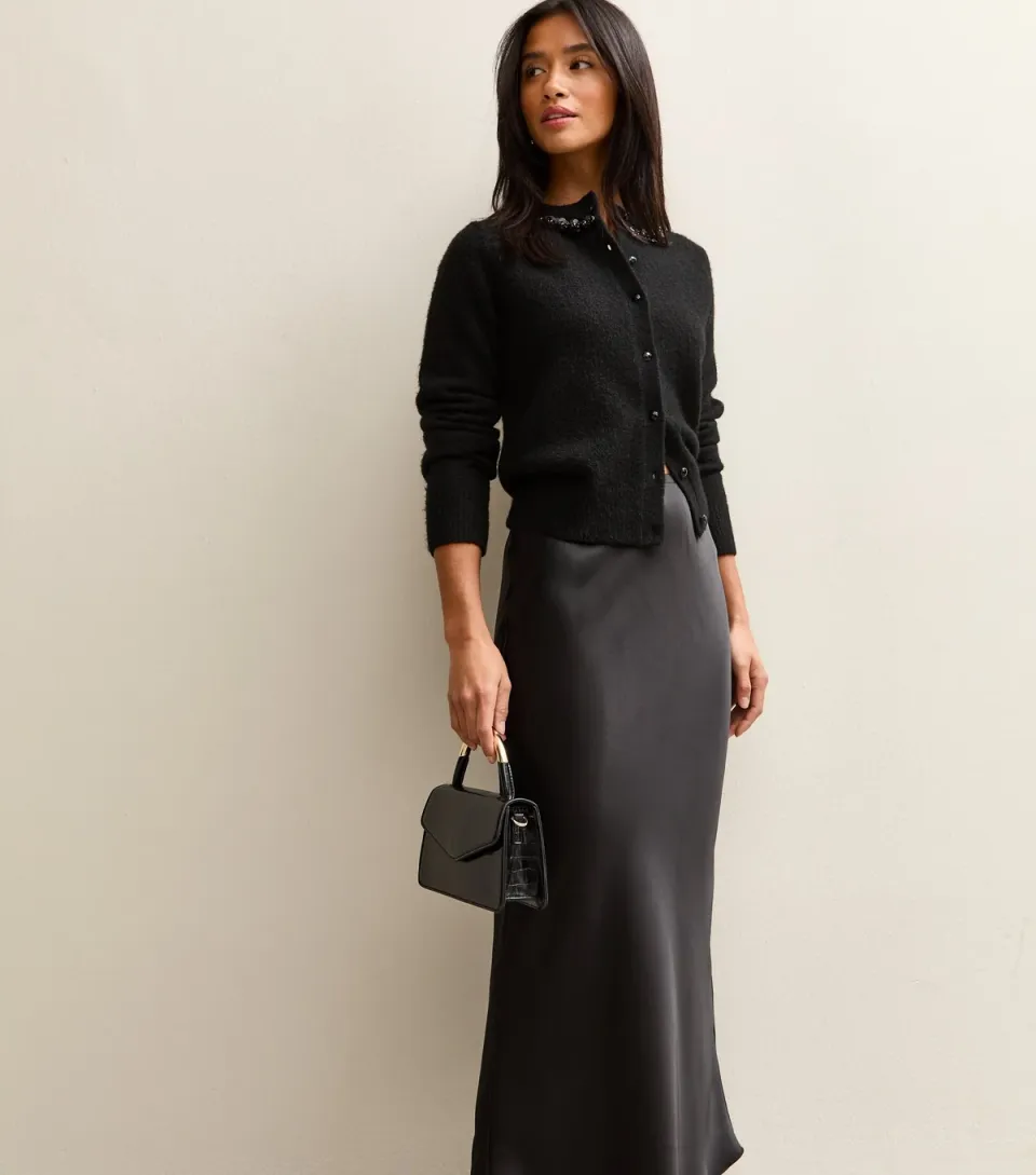 Women's Petite Black Satin Midi Skirt