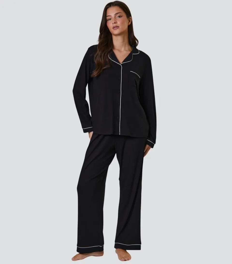 Women's Black Ribbed Shirt and Trousers Pyjama Set