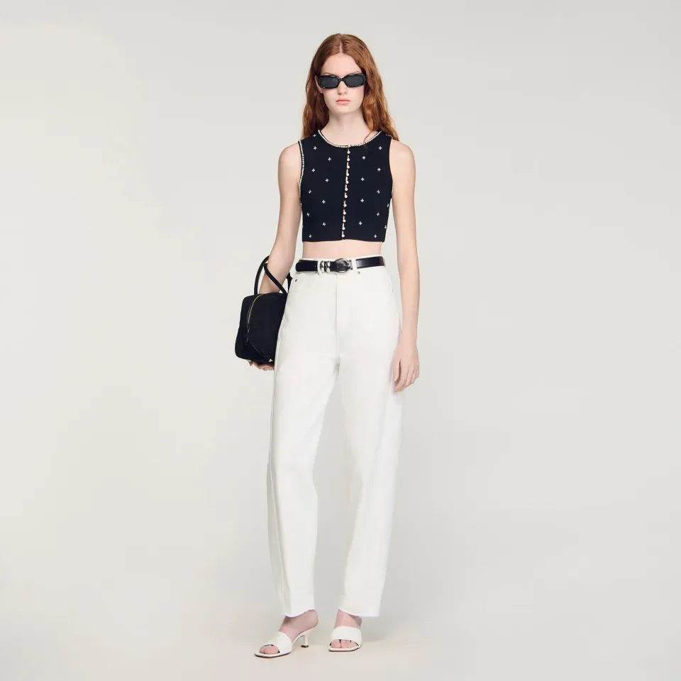 Jewelled embroidered knit crop top