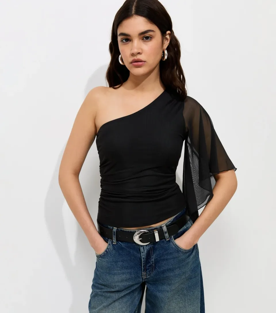 Women's Black Mesh One Shoulder Draped Sleeve Top
