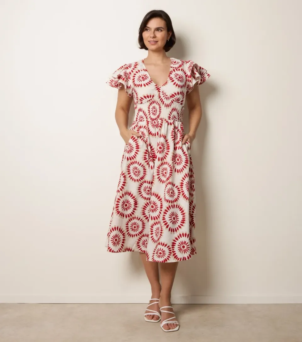 Women's Rust Circle Print Flutter Sleeve Midi Dress