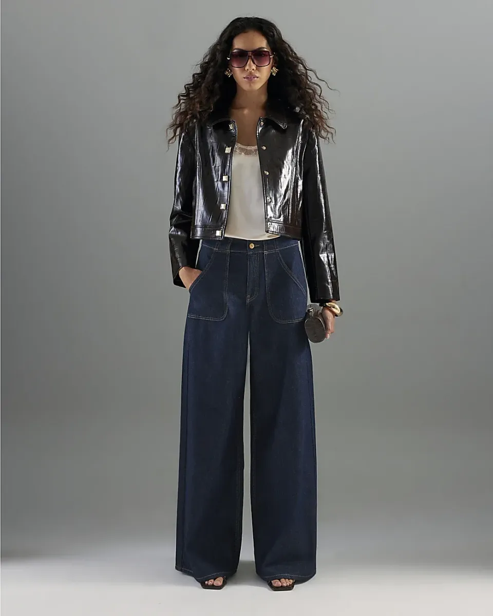 Mid Rise Tailored Baggy Wide Leg Jeans