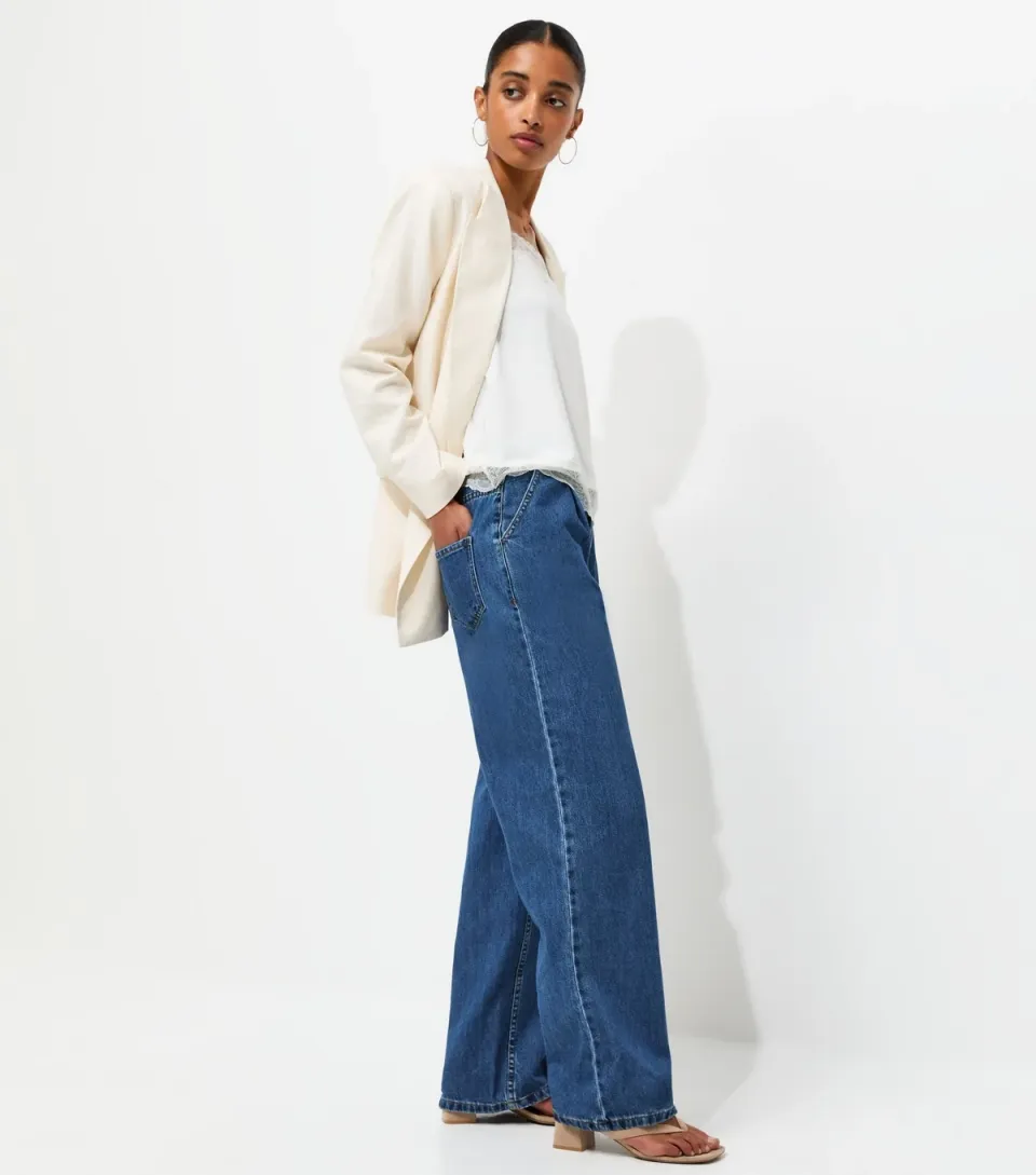 Women's Blue Pleated Wide Leg Jeans