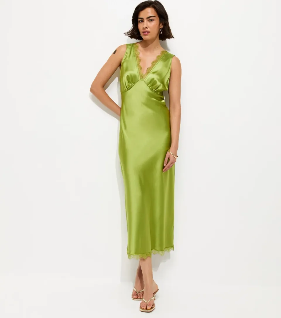 Women's Green Satin Lace Trim Slip Midi Dress