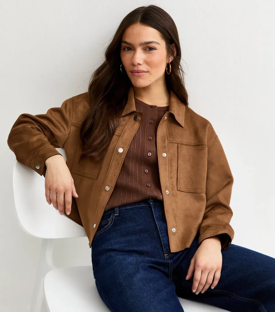 Women's Petite Tan Faux Suede Shacket