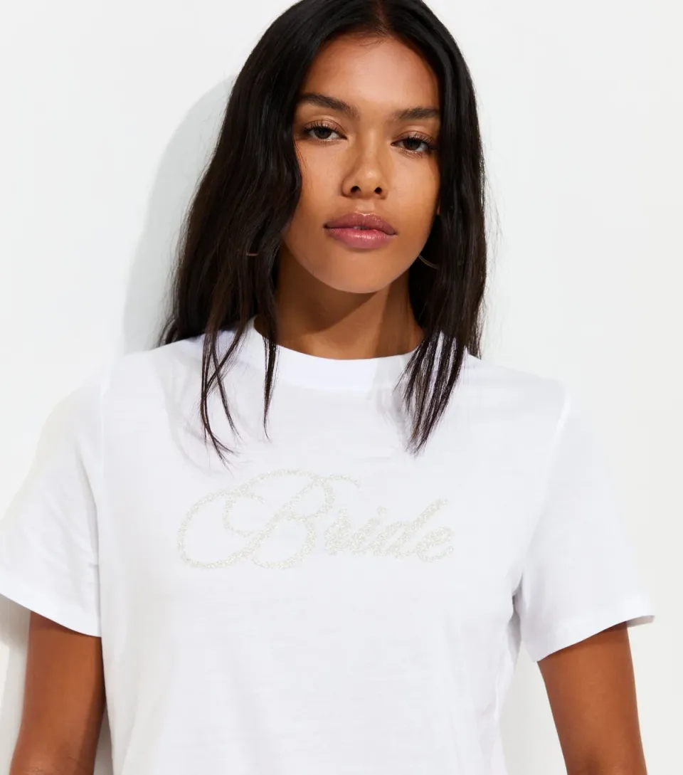Women's White Cotton Embellished Bride Print T-Shirt