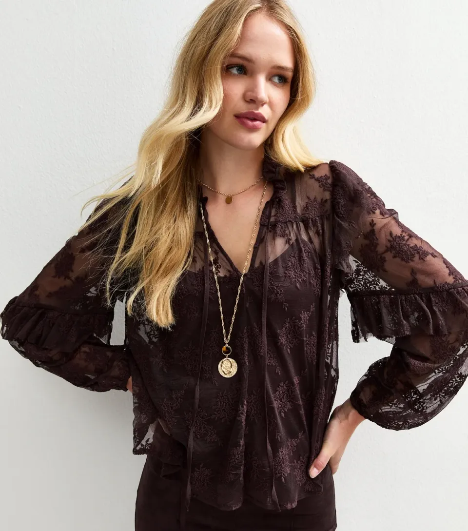 Women's Black Floral Lace High Neck Semi-Sheer Blouse