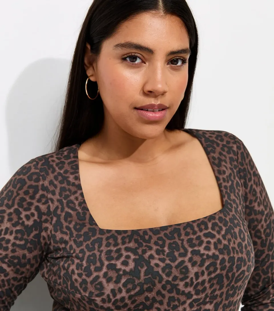Women's Plus Size Brown Long Sleeve Leopard Print Square Neck Bodysuit Curves