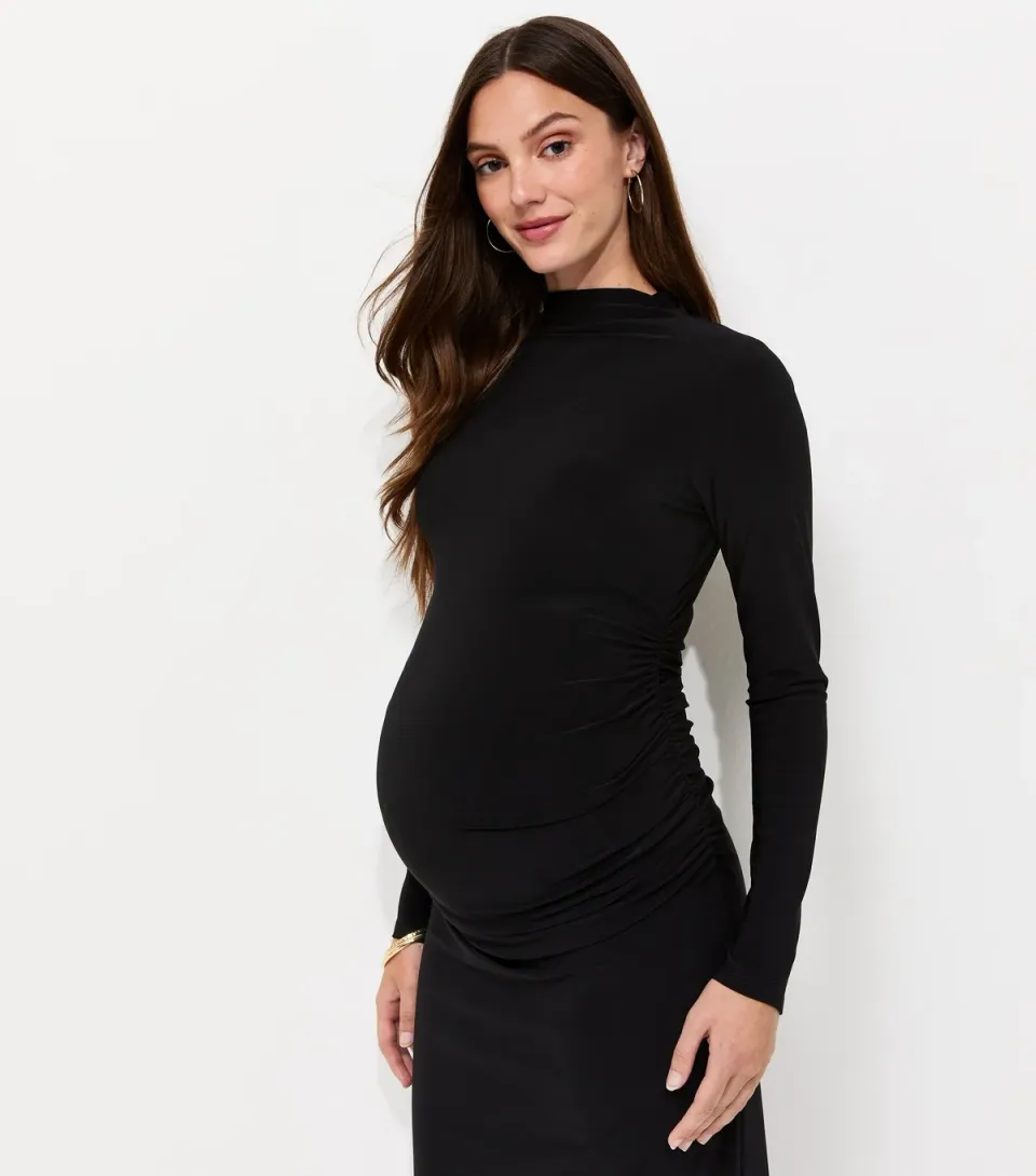 Women's Maternity Black Long Sleeve High Neck Ruched Midi Dress