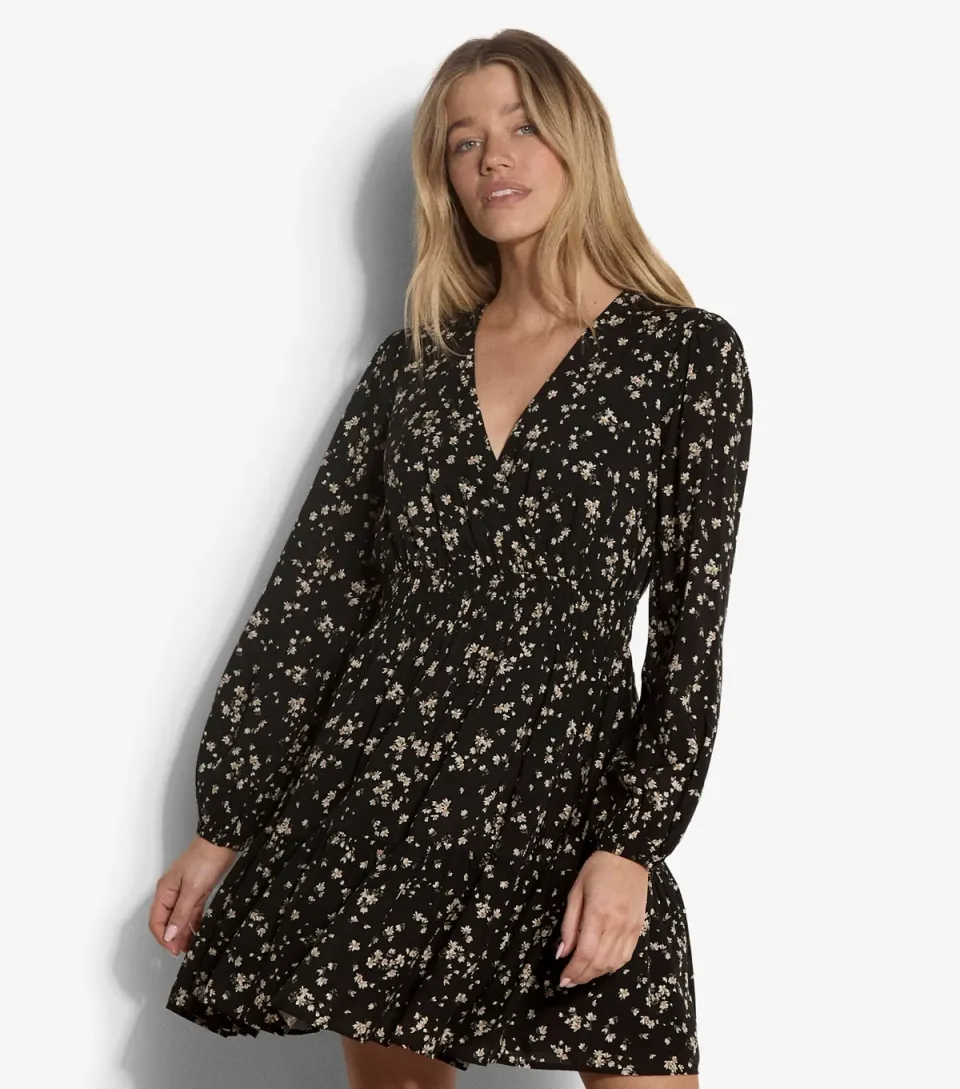 Women's Black Daisy Print Wrap Tiered Dress