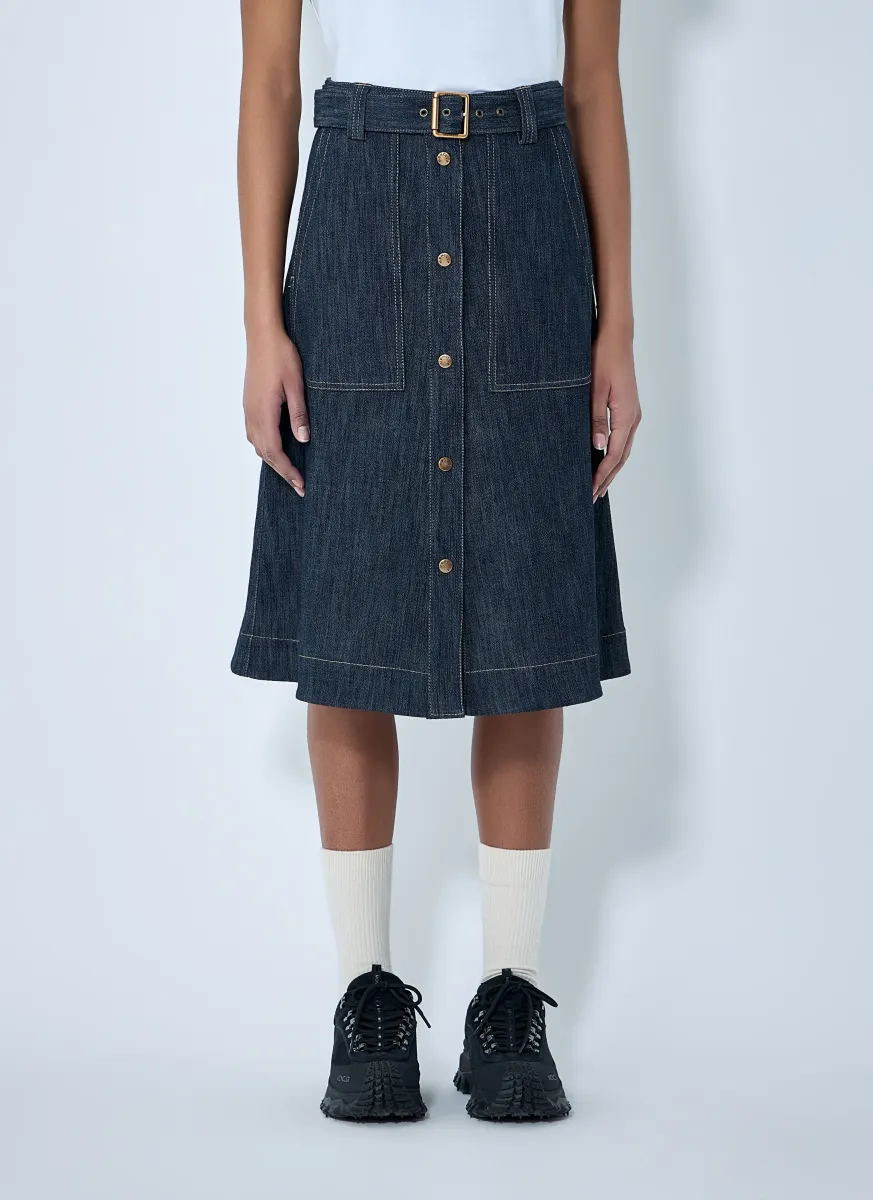 Button-Front Denim Midi Skirt