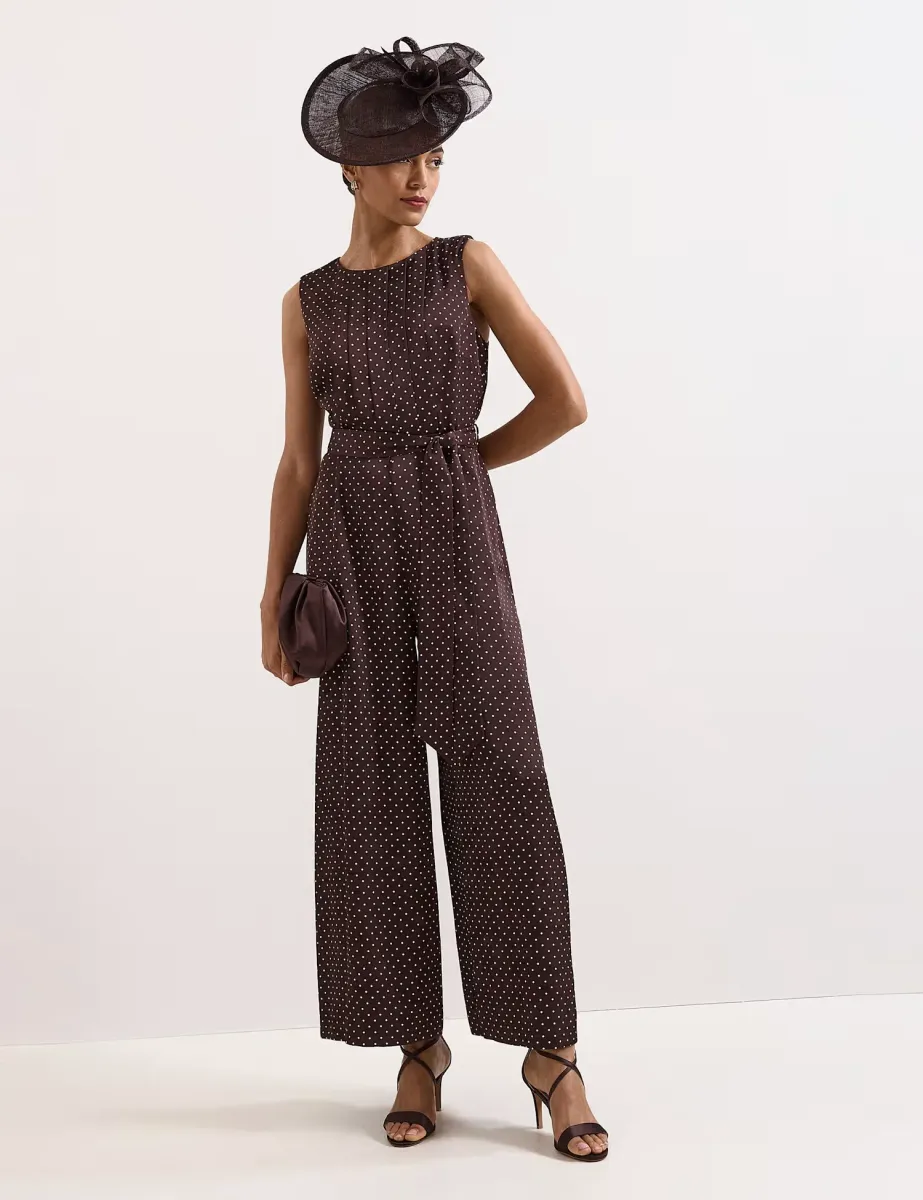 Polka Dot Belted Sleeveless Jumpsuit
