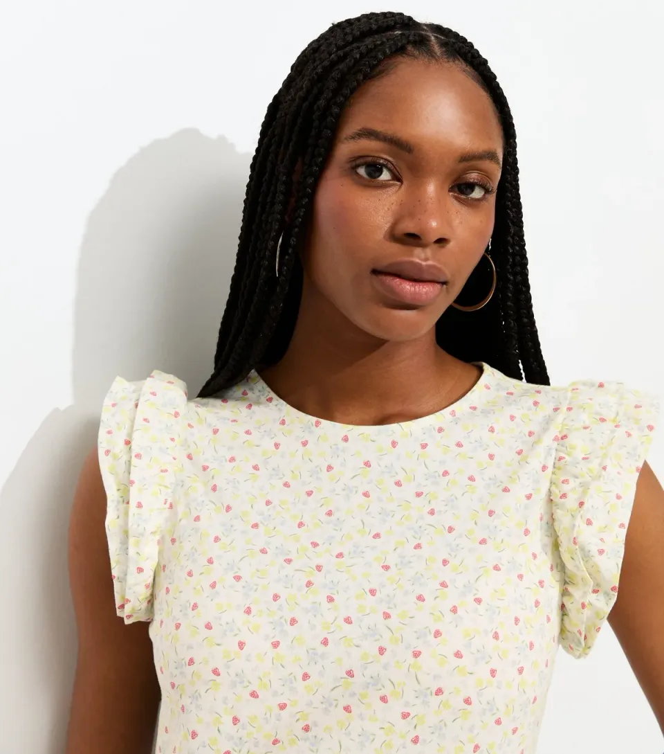 Women's White Floral Strawberry Print Frill Sleeve Top