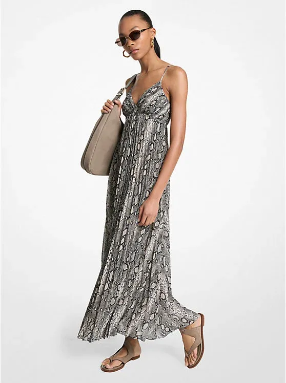 Snake Print Georgette Pleated Maxi Dress