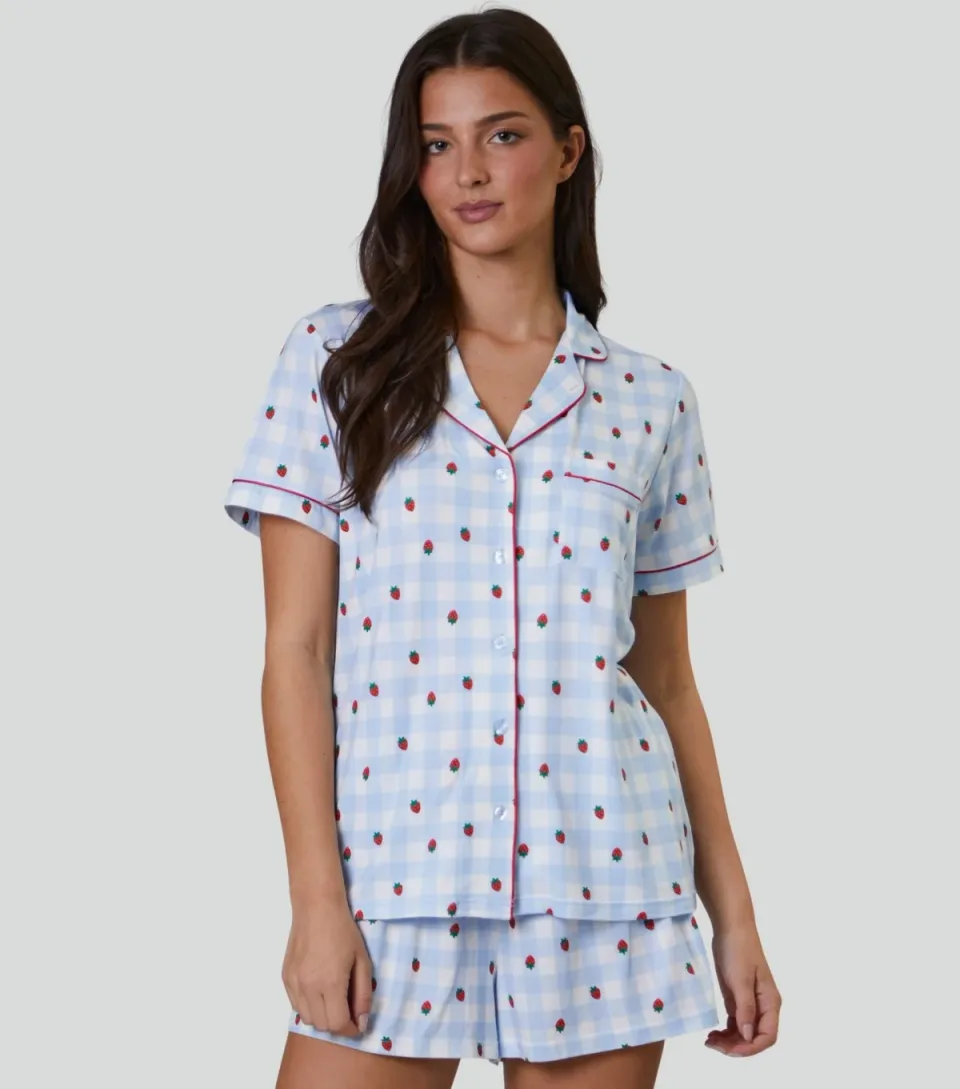 Women's Blue Checked Strawberry Print Pyjama Set