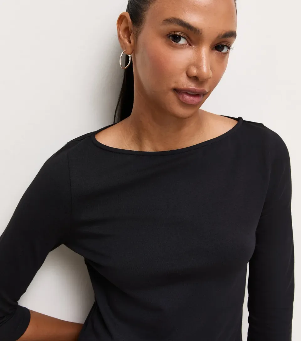 Women's Black Cotton Rich Cropped Sleeve Slash Neck Top