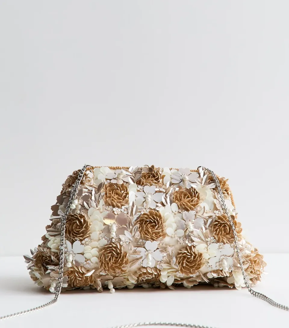 Brown Bead and Sequin Flower Shoulder Bag