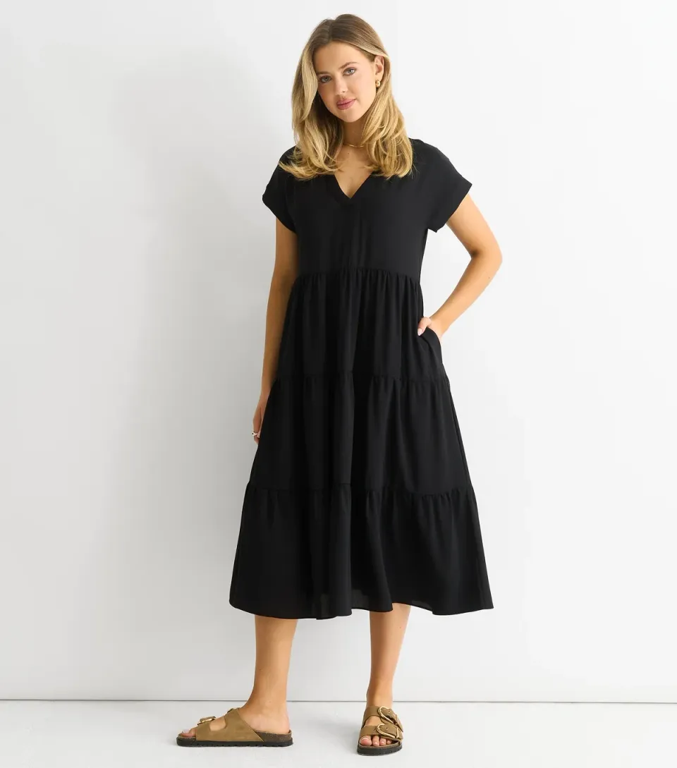 Women's Khaki Tiered Midi Smock Dress
