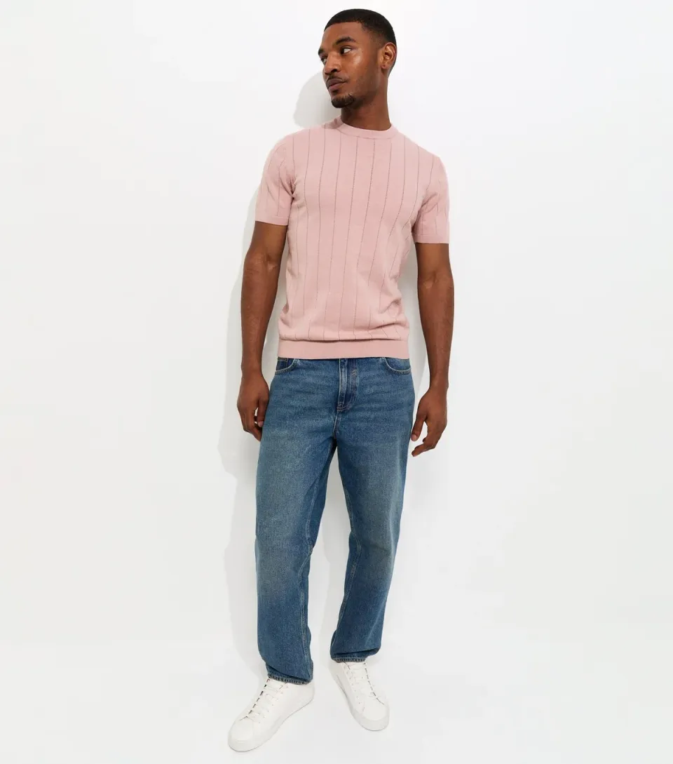 Men's Pink Regular Short Sleeve Pointelle Top