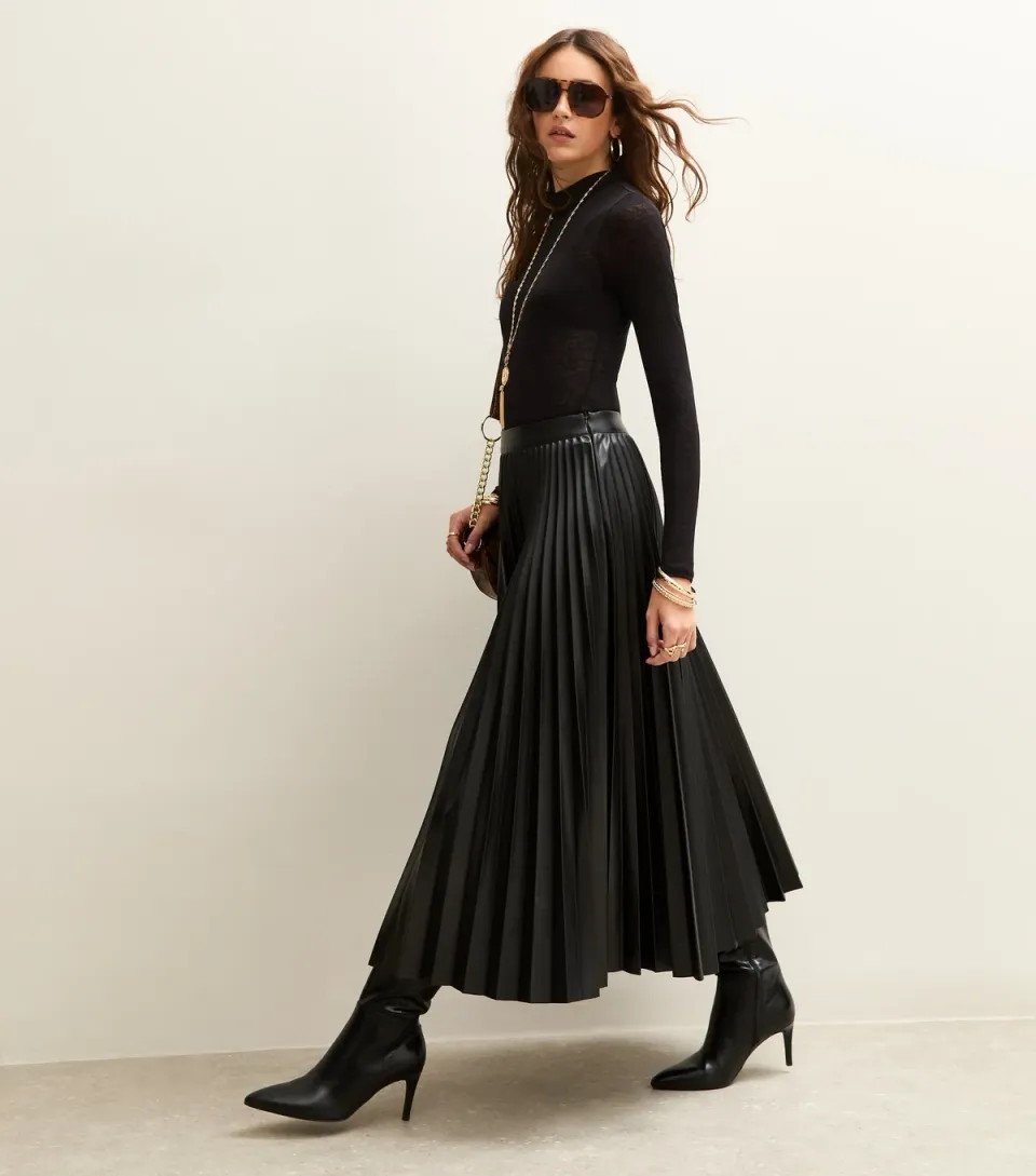 Women's Dark Brown Faux Leather Pleated Midi Skirt