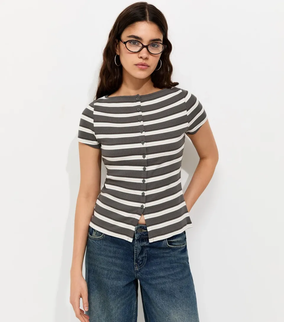 Women's Grey Cotton Rich Striped Button Through Baby Tee T-Shirt