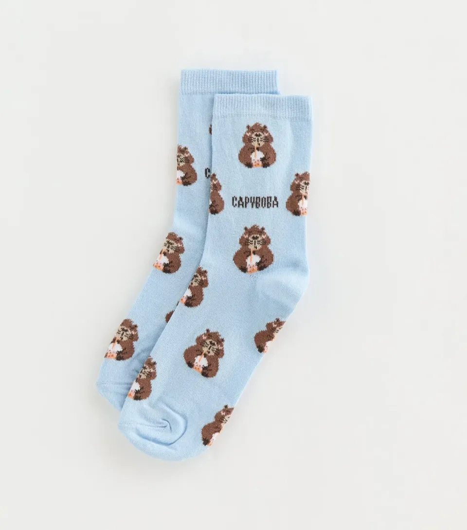 Light Blue Capyboba Capybara Patterned Ankle Socks