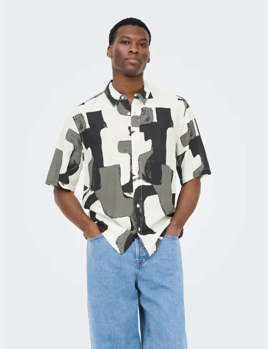 Regular Fit Abstract Print Short Sleeve Shirt Black Mix