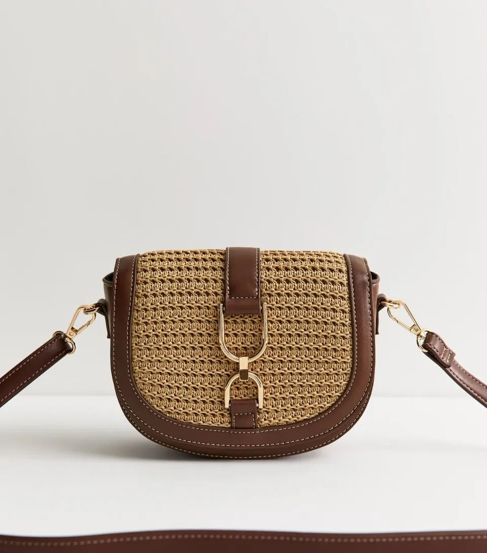 Brown Woven Front Saddle Crossbody Bag