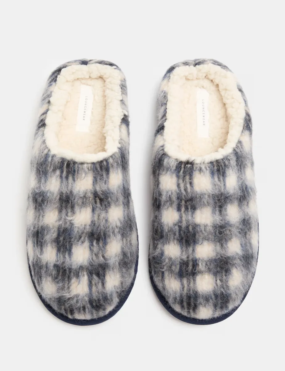 Brushed Checked Mule Slippers with Freshfeet Navy Mix