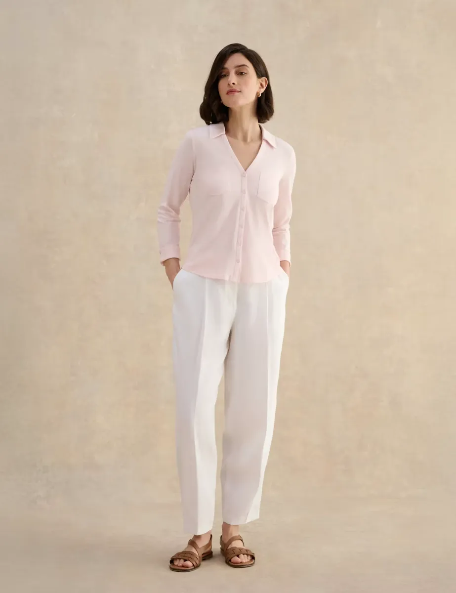 Pure Cotton Collared V-Neck 3/4 Sleeve Shirt Pink