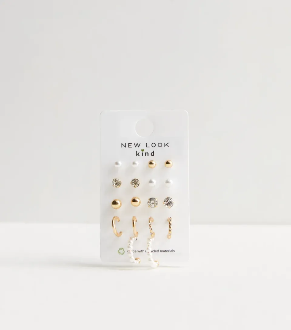 Gold 9 Pack Faux Pearl Diamanté Stud Earrings