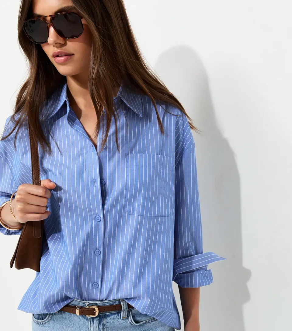 Women's Blue Cotton Striped Oversized Shirt