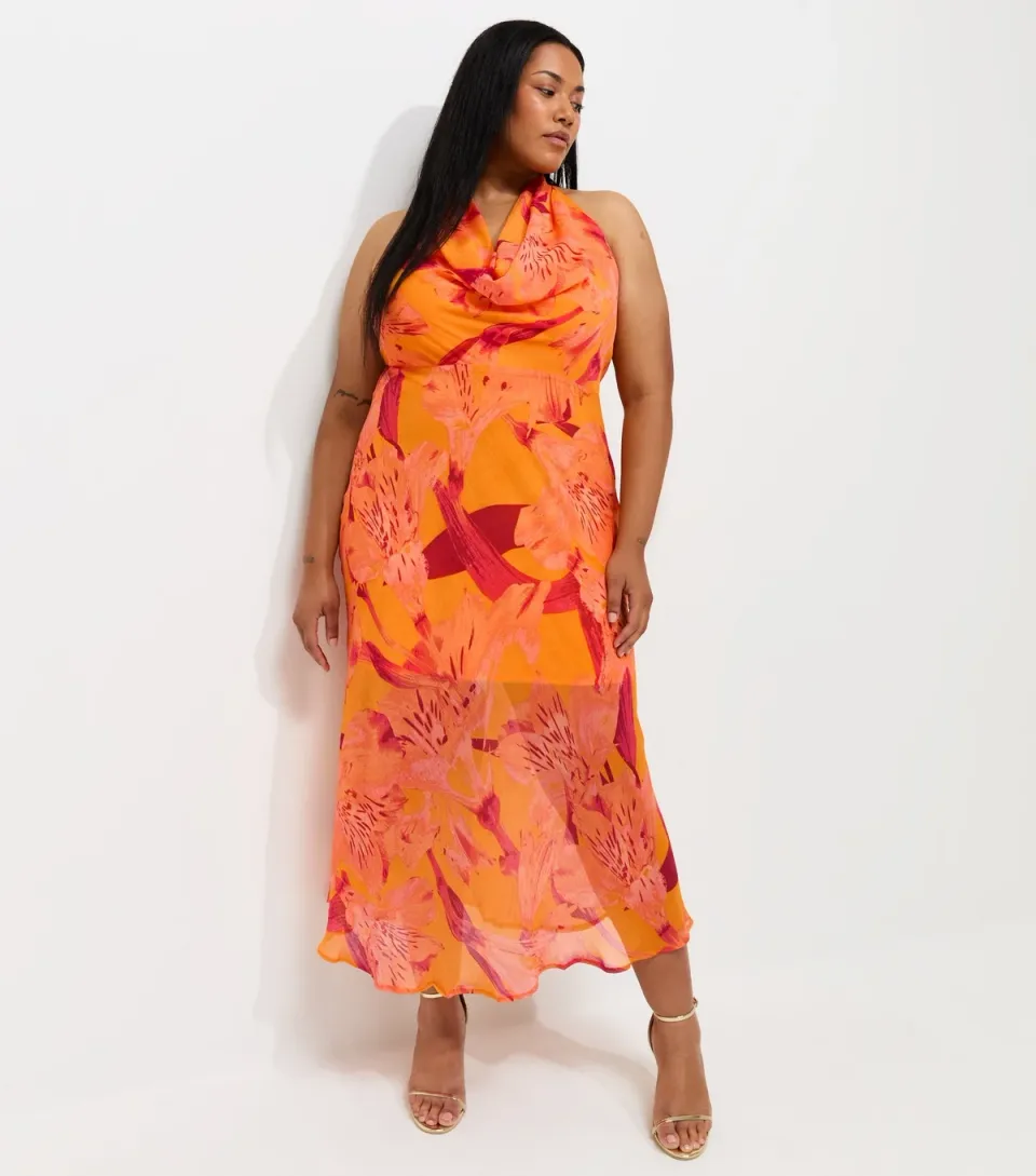 Women's Plus Size Bright Orange Floral Halter Maxi Dress Curves