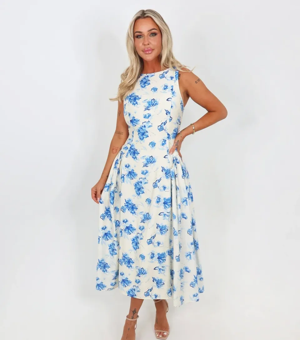 Women's Blue Floral Pleated Hip Midi Dress
