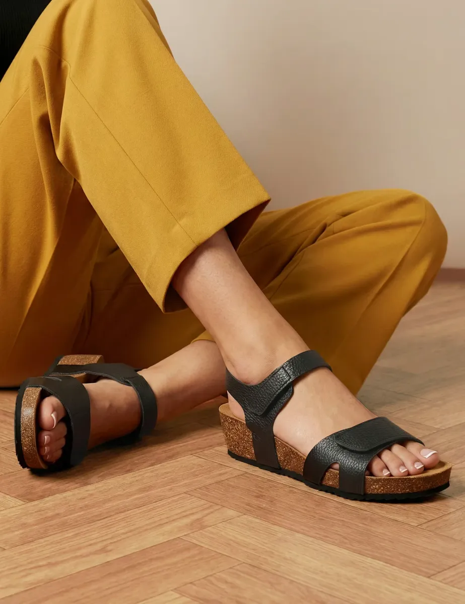 Wide Fit Leather Metallic Flatform Sandals Black