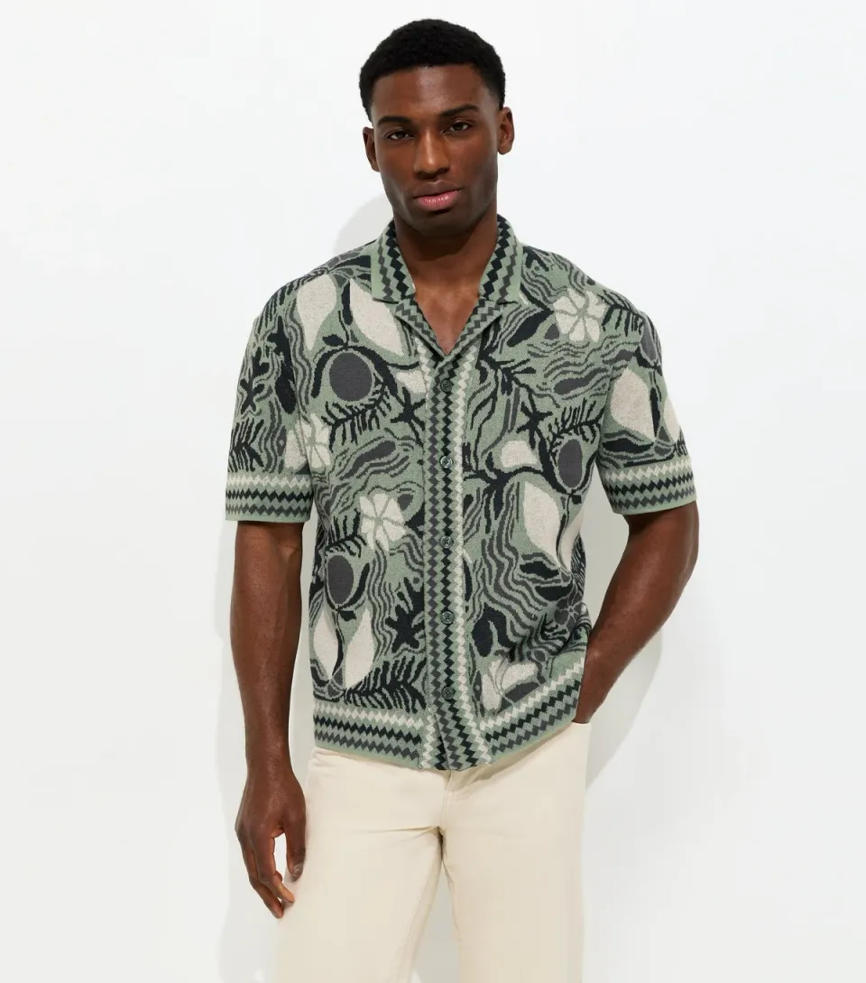 Men's Light Green Relaxed Jacquard Short Sleeve Shirt