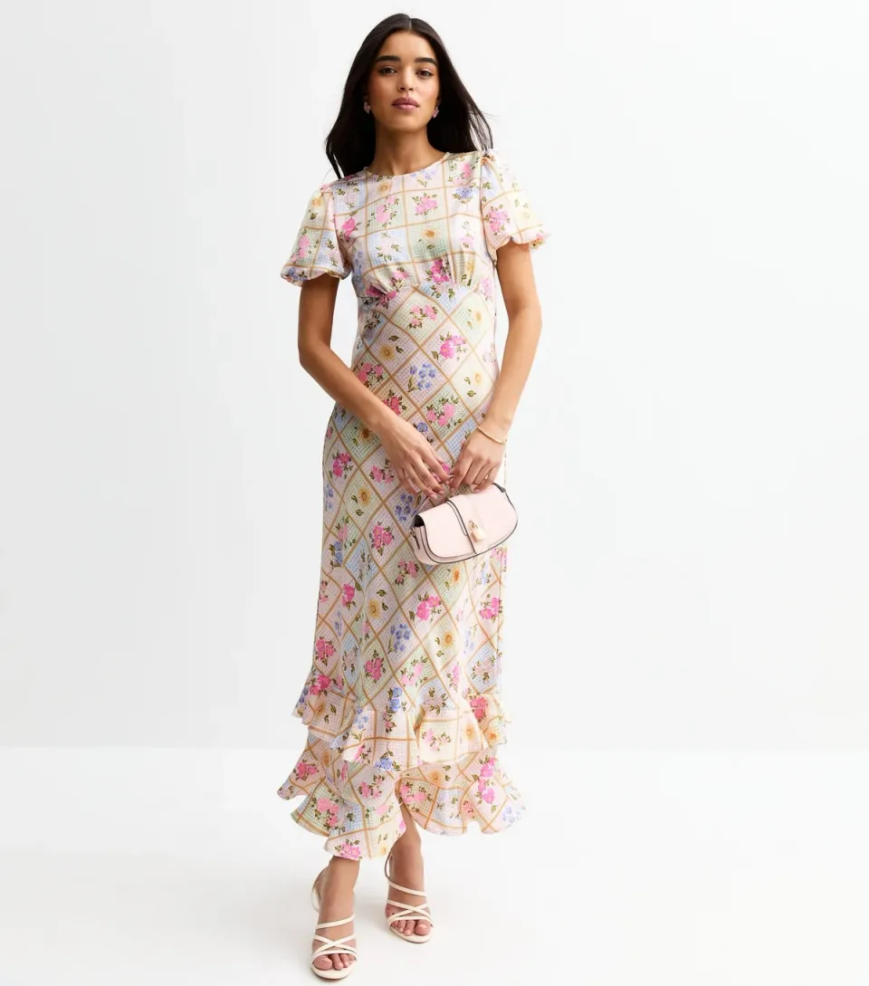 Women's Cream Floral Check Print Satin Maxi Dress