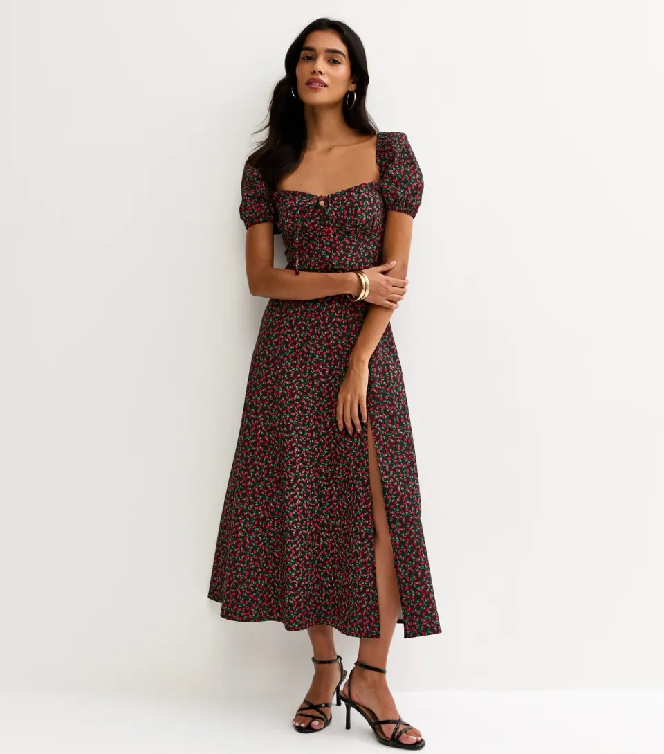 Women's Black Ditsy Floral Sweetheart Neck Midi Dress