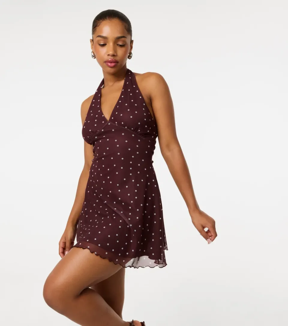 Women's Dark Brown Polka Dot Halter Neck Mini Dress
