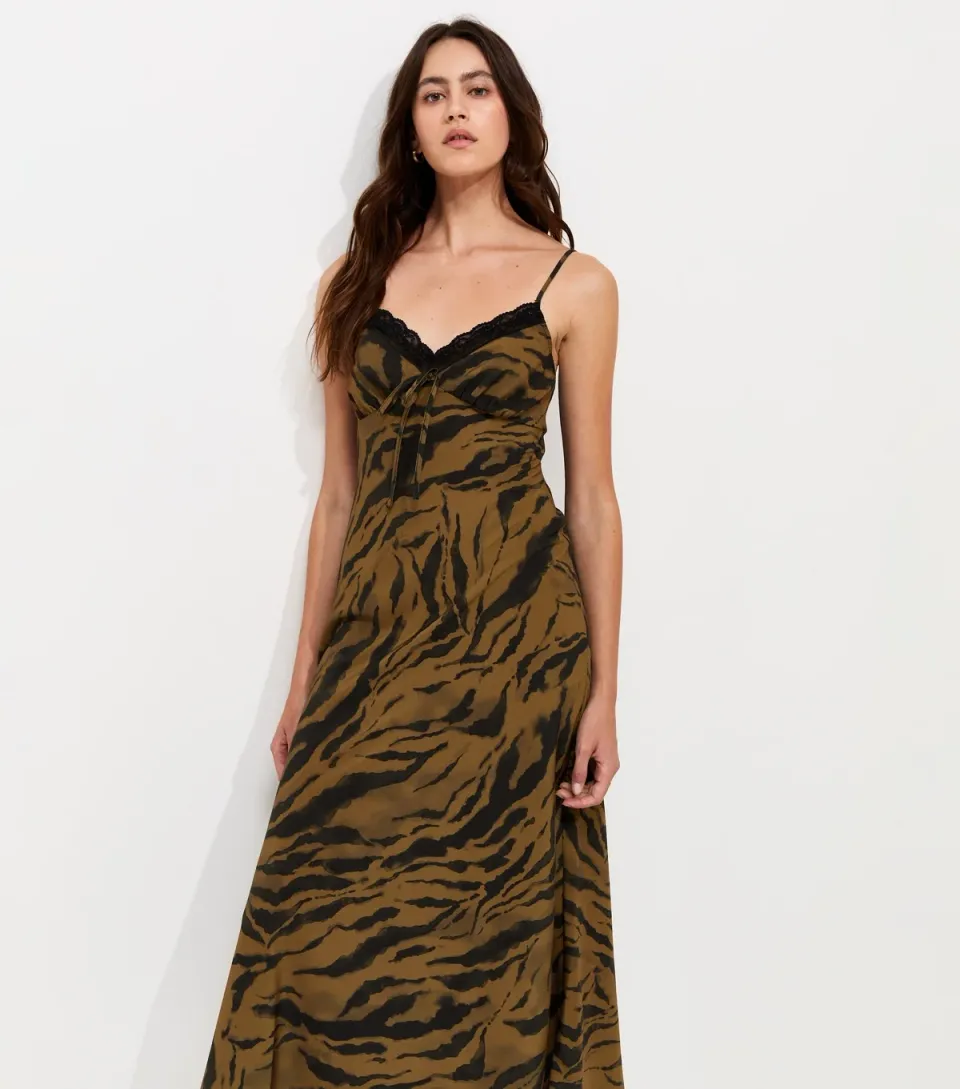 Women's Brown Tiger Print Lace Trim Midi Dress