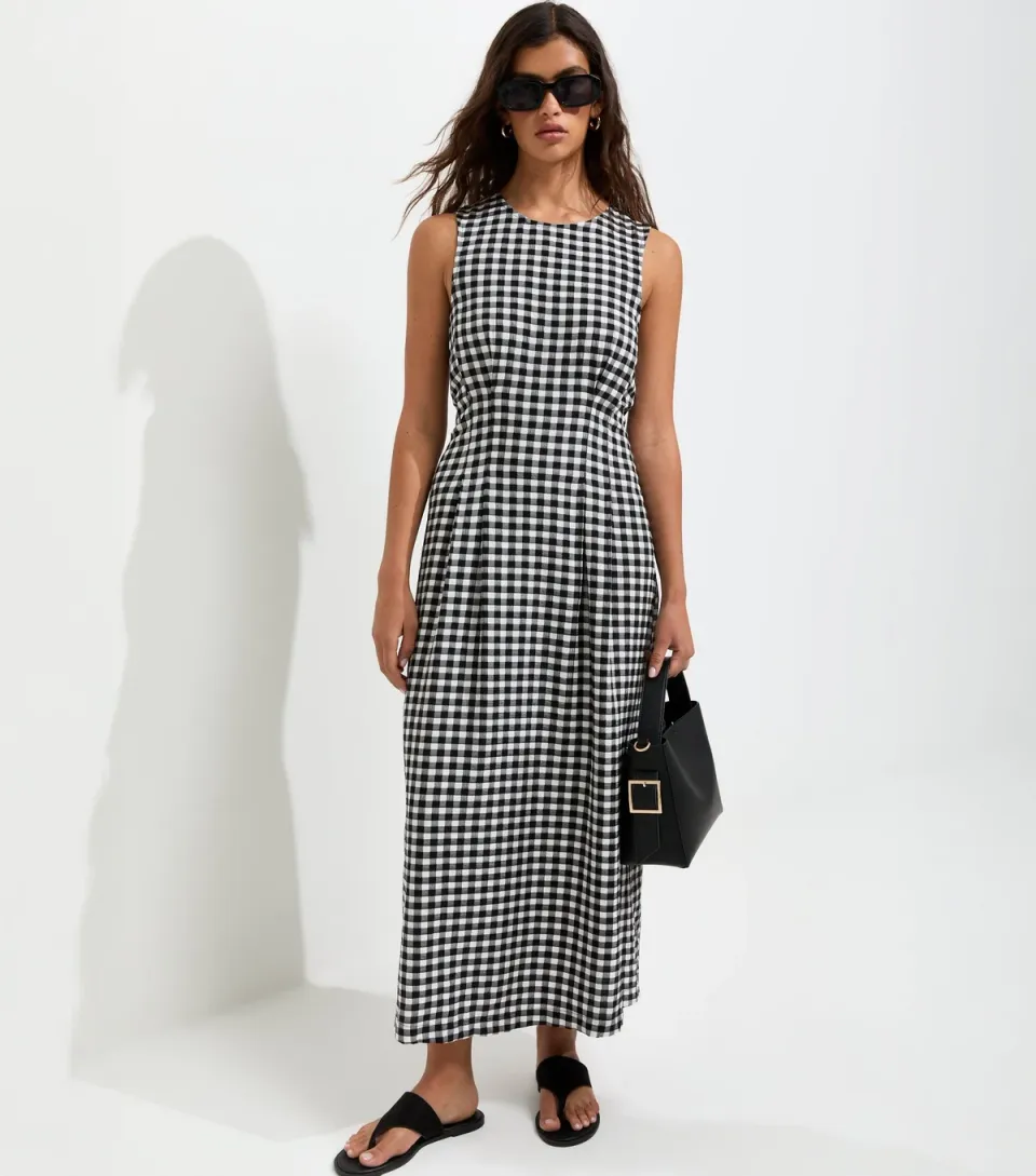 Women's Black Gingham Seersucker Column Midi Dress