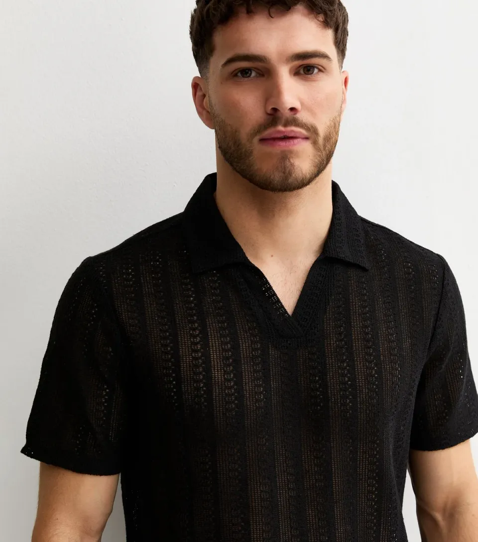 Men's Black Crochet Polo Shirt