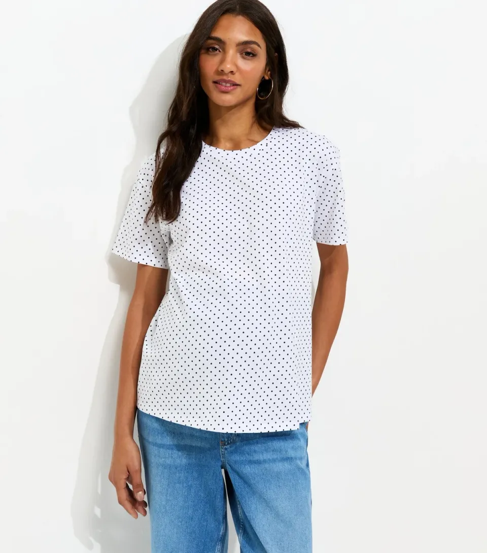 Women's Maternity White Cotton Polka Dot T-Shirt