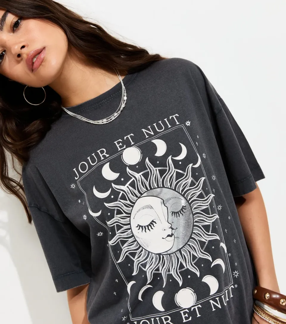 Women's Dark Grey Cotton Mystic Print Acid Oversized T-Shirt
