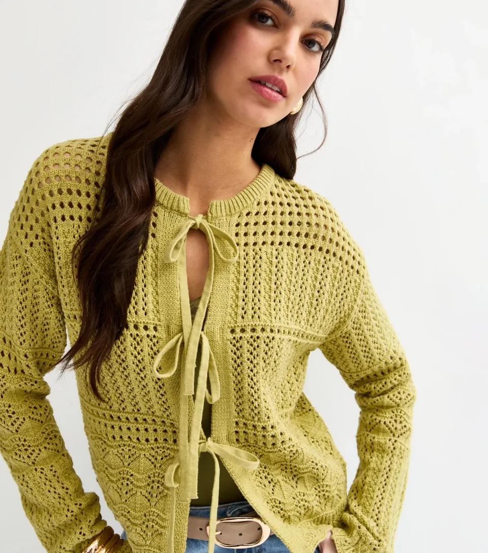 Women's Green Cotton Rich Patterned Knit Tie Front Cardigan