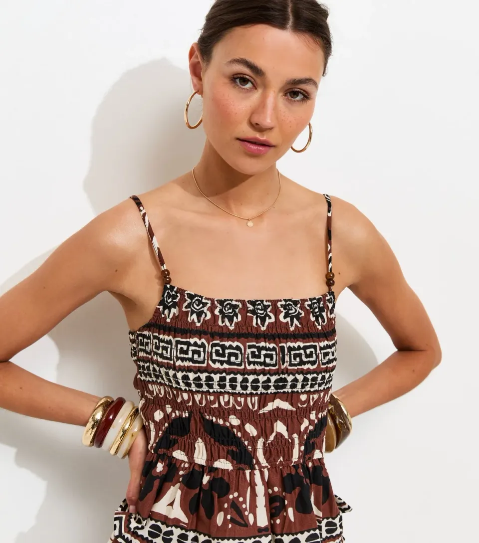 Women's Brown Palm Tree Print Beaded Cami Top