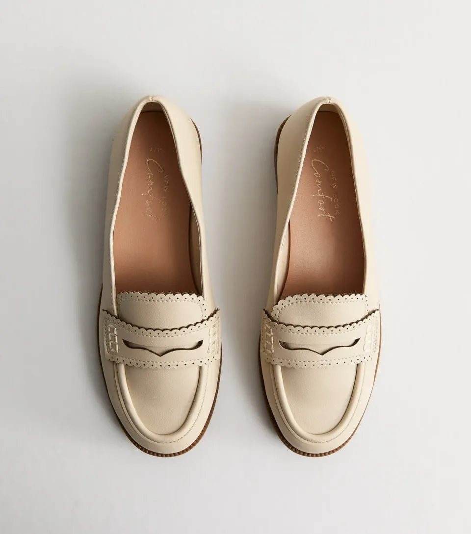 Women's Off White Faux Leather Scalloped Penny Loafers Vegan