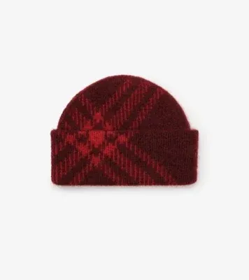 Check Mohair Wool Blend Beanie in Oxblood red